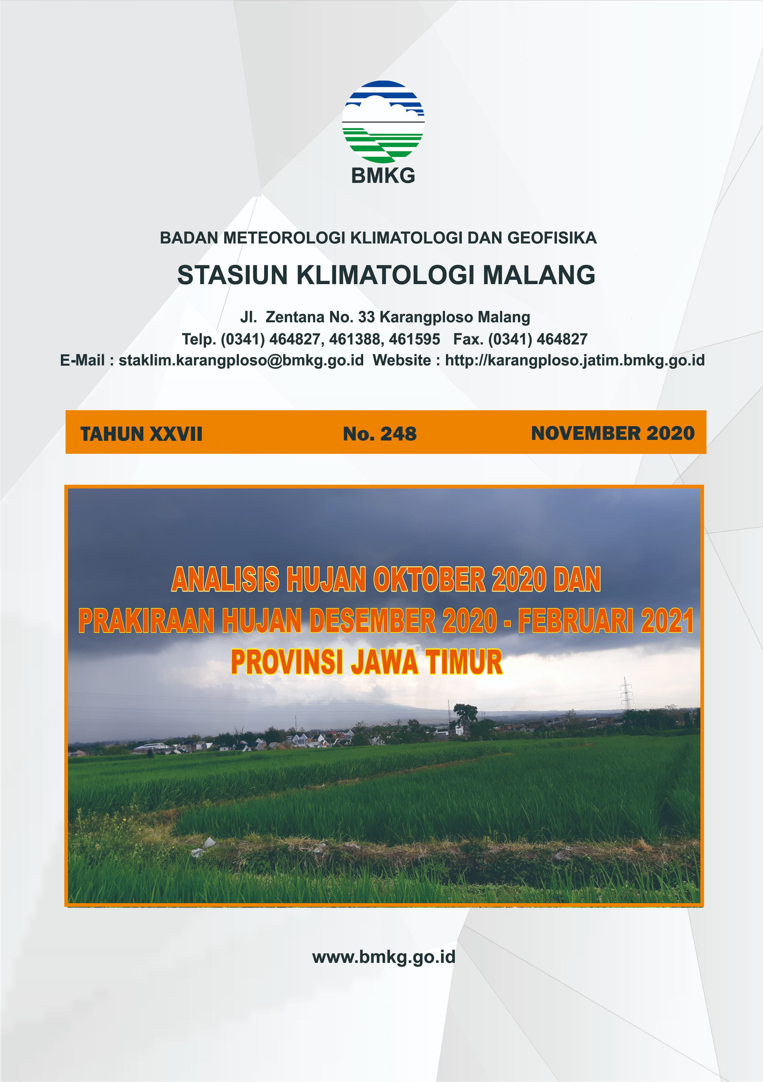 (Buletin - Bulanan) Analisis Hujan Bulan Oktober Tahun 2020 dan Prakiraan Hujan Bulan DESEMBER Tahun 2020 - Bulan JANUARI - FEBRUARI Tahun 2021 di Provinsi Jawa Timur