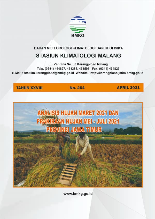 (Buletin - Bulanan) Analisis Hujan Bulan Maret Tahun 2021 dan Prakiraan Hujan Bulan  MEI - JUNI - JULI Tahun 2021 di Provinsi Jawa Timur