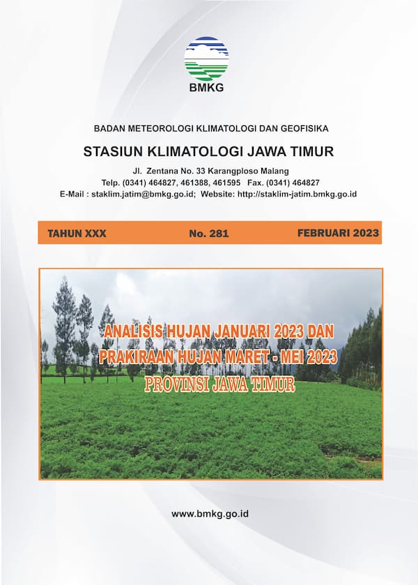 ( Buletin - Bulanan ) Analisis Hujan Bulan Januari Tahun 2023 dan Prakiraan Hujan Bulan MARET - APRIL - MEI Tahun 2023 Provinsi Jawa Timur