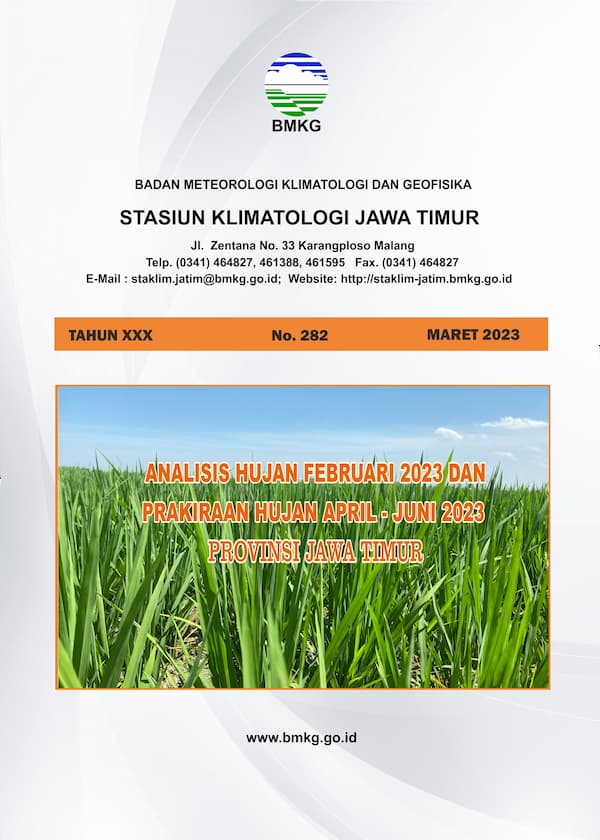 ( Buletin - Bulanan ) Analisis Hujan Bulan Februari Tahun 2023 dan Prakiraan Hujan Bulan APRIL - MEI - JUNI Tahun 2023 Provinsi Jawa Timur
