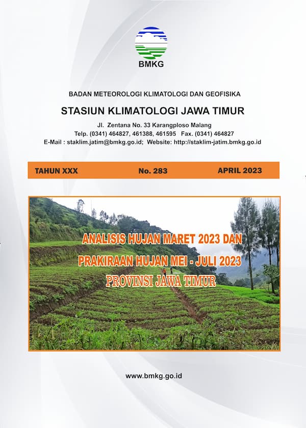 ( Buletin - Bulanan ) Analisis Hujan Bulan Maret Tahun 2023 dan Prakiraan Hujan Bulan MEI - JUNI - JULI Tahun 2023 Provinsi Jawa Timur