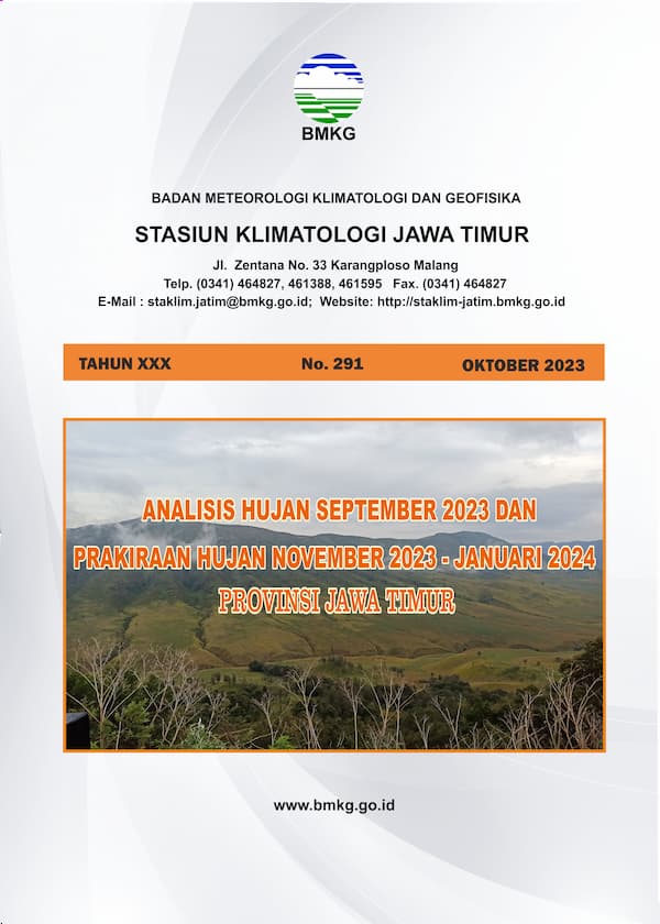 ( Buletin - Bulanan ) Analisis Hujan Bulan September Tahun 2023 dan Prakiraan Hujan Bulan NOVEMBER - DESEMBER Tahun 2023 - JANUARI Tahun 2024 Provinsi Jawa Timur