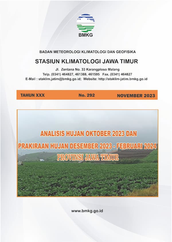 ( Buletin - Bulanan ) Analisis Hujan Bulan Oktober Tahun 2023 dan Prakiraan Hujan Bulan DESEMBER Tahun 2023 - JANUARI - FEBRUARI Tahun 2024 Provinsi Jawa Timur