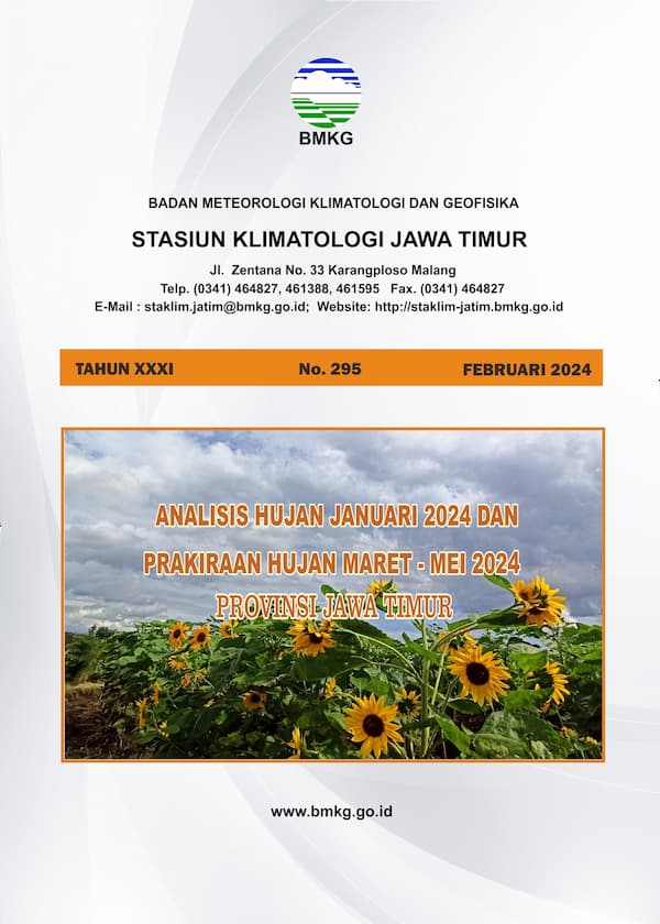 ( Buletin - Bulanan ) Analisis Hujan Bulan Januari Tahun 2024 dan Prakiraan Hujan Bulan MARET - APRIL - MEI Tahun 2024 Provinsi Jawa Timur