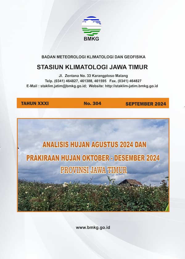 ( Buletin - Bulanan ) Analisis Hujan Bulan Agustus Tahun 2024 dan Prakiraan Hujan Bulan OKTOBER - NOVEMBER - DESEMBER Tahun 2024 Provinsi Jawa Timur