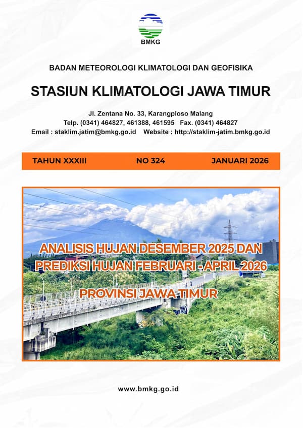 ( Buletin - Bulanan ) Analisis Hujan Bulan Desember Tahun 2025 dan Prediksi Hujan Bulan FEBRUARI - MARET - APRIL Tahun 2026 Provinsi Jawa Timur
