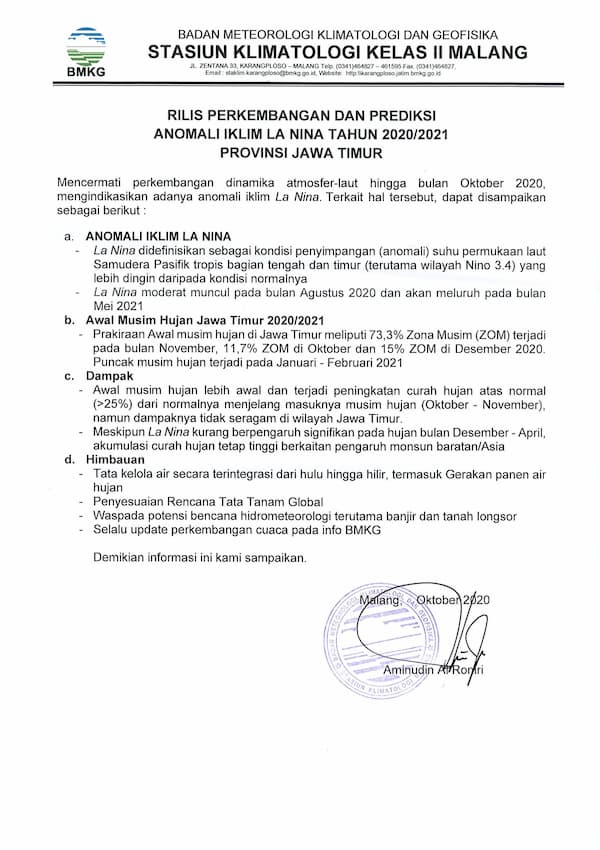 Rilis Perkembangan dan Prediksi Anomali Iklim La Nina Tahun 2020 - 2021 Provinsi Jawa Timur