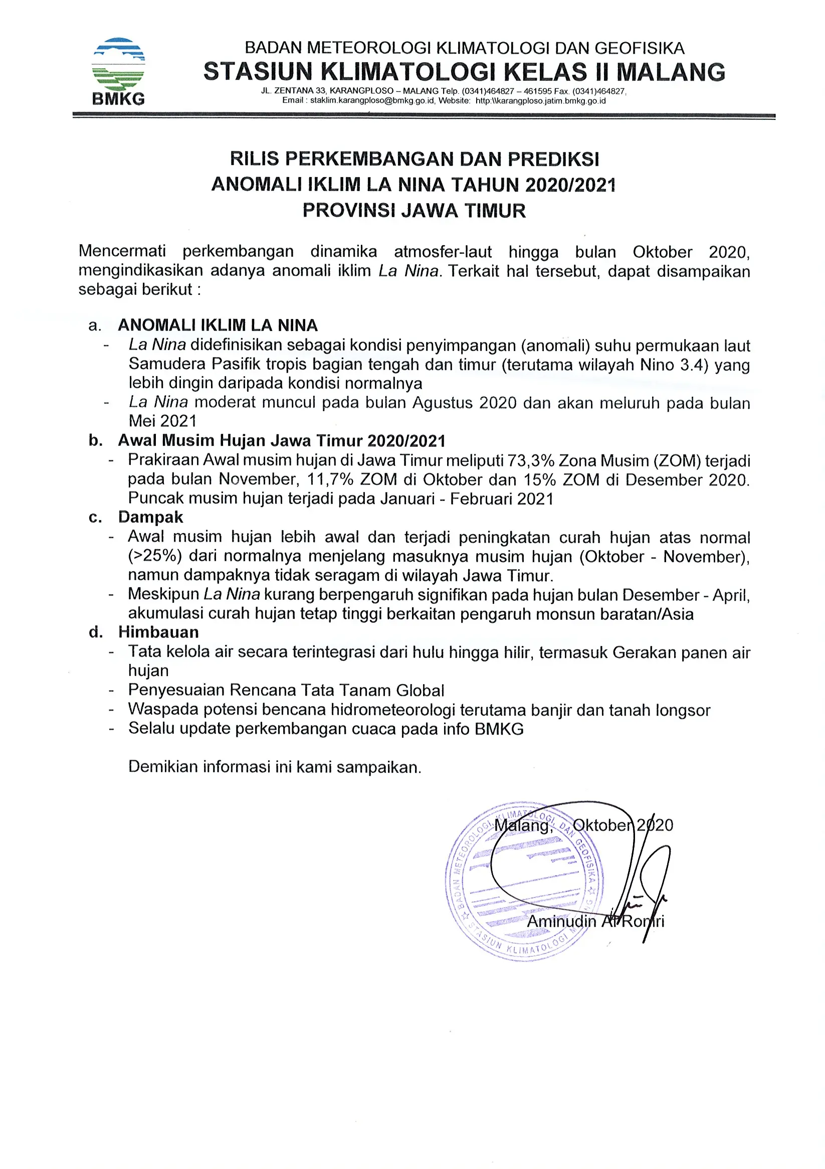 Rilis Perkembangan dan Prediksi Anomali Iklim La Nina Tahun 2020 - 2021 Provinsi Jawa Timur