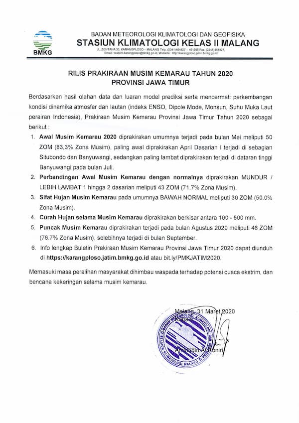 Rilis Prakiraan Musim Kemarau Tahun 2020 Provinsi Jawa Timur