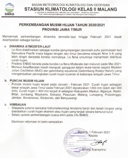 Perkembangan Musim Hujan Tahun 2020/2021 Provinsi Jawa Timur Update 1 Februari Tahun 2021