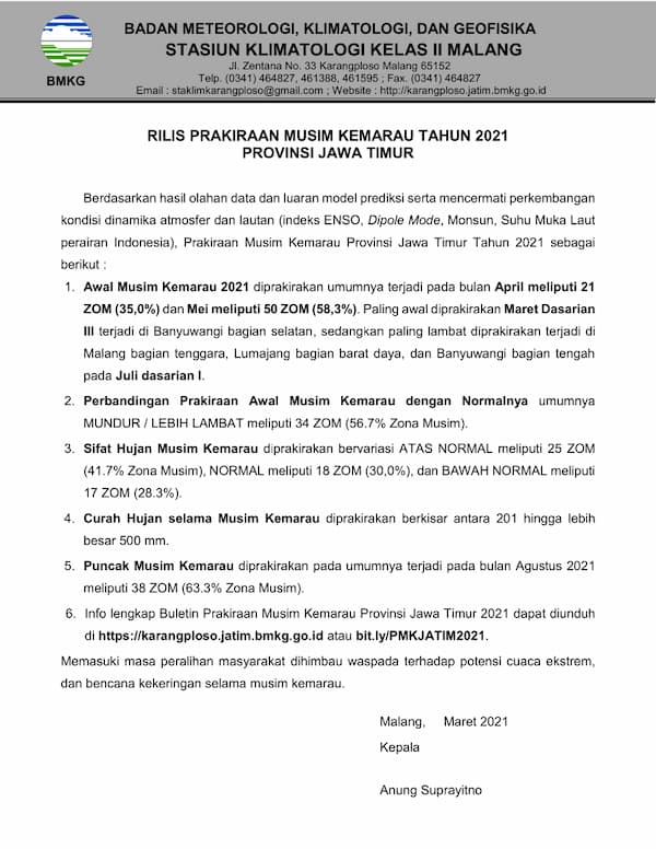 Rilis Prakiraan Musim Kemarau Tahun 2021 Provinsi Jawa Timur