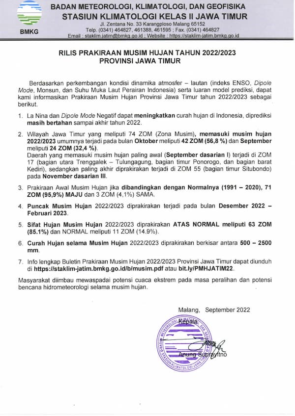 Rilis Prakiraan Musim Hujan Tahun 2022 - 2023 di Provinsi Jawa Timur