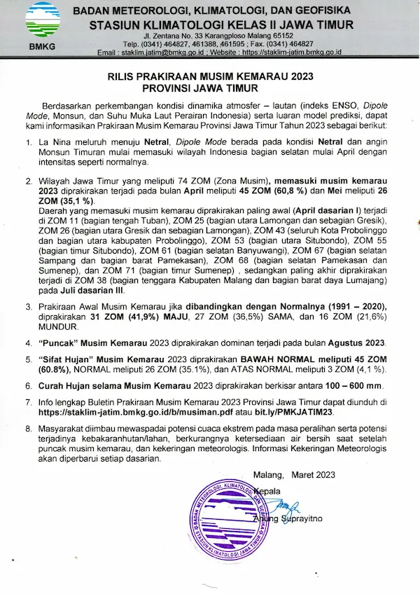 Rilis Prakiraan Musim Kemarau 2023 Provinsi Jawa Timur
