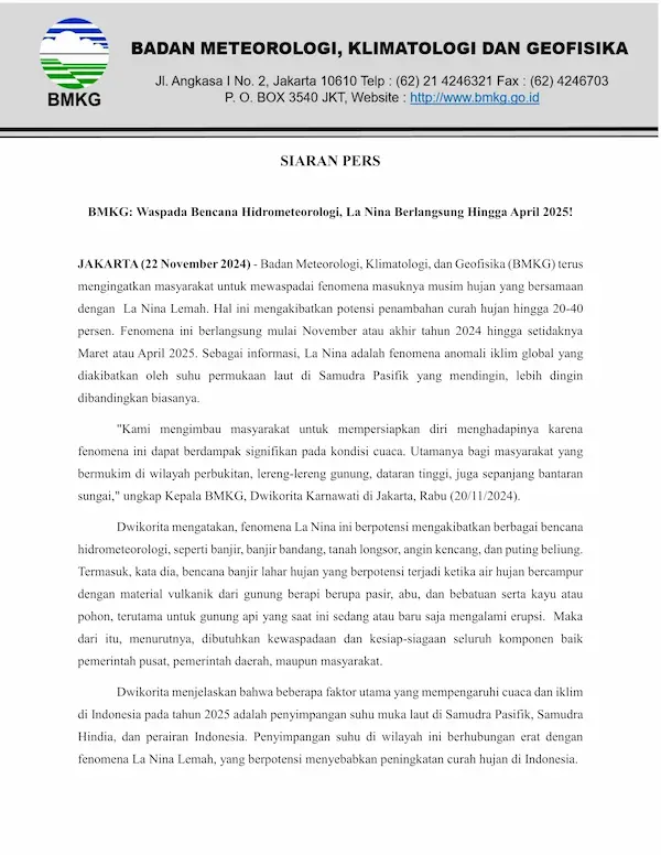 SIARAN PERS BMKG Waspada Bencana Hidrometeorologi, La Nina Berlangsung Hingga April 2025 