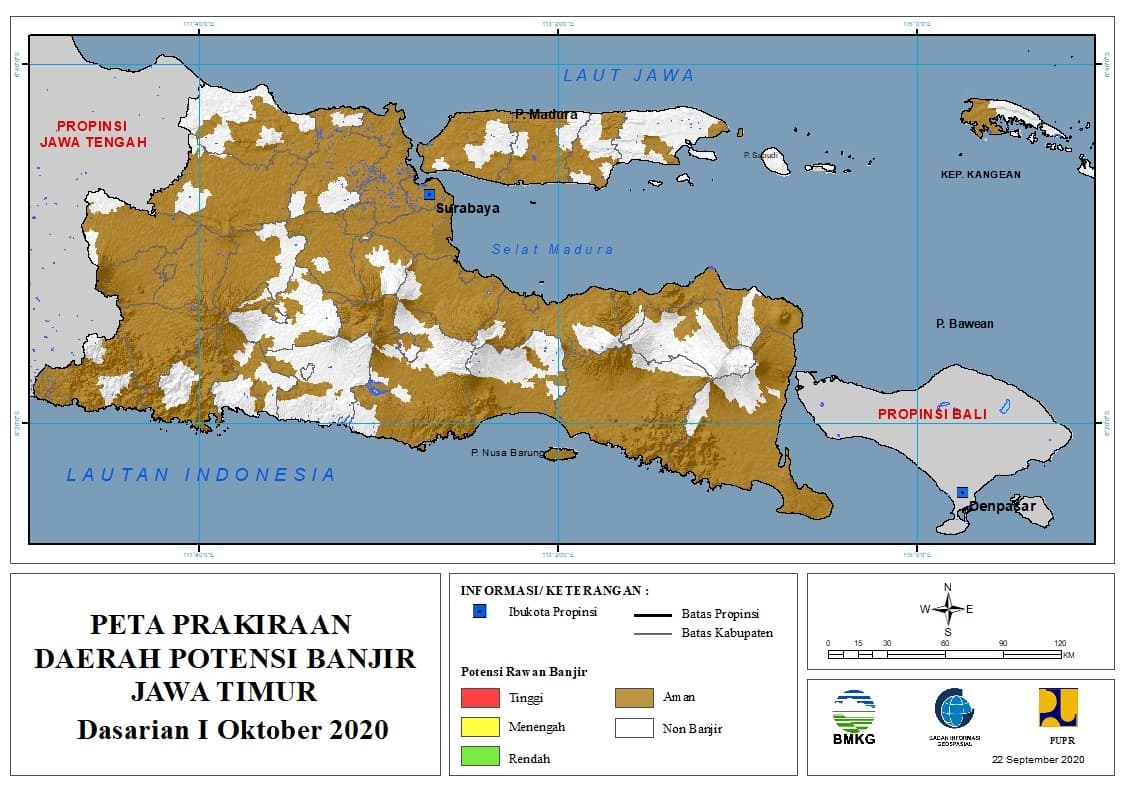 (Prakiraan - Dasarian) Daerah Potensi Banjir di Provinsi Jawa Timur untuk Bulan OKTOBER Dasarian I (tanggal 1 - 10) Tahun 2020 update 22 September 2020