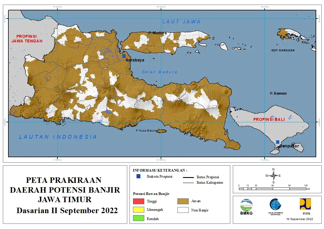 ( Prakiraan - Dasarian ) Daerah Potensi Banjir di Provinsi Jawa Timur untuk Bulan SEPTEMBER DASARIAN II ( Tanggal 11 - 20 SEPTEMBER 2022 ) Tahun 2022 update 10 September 2022