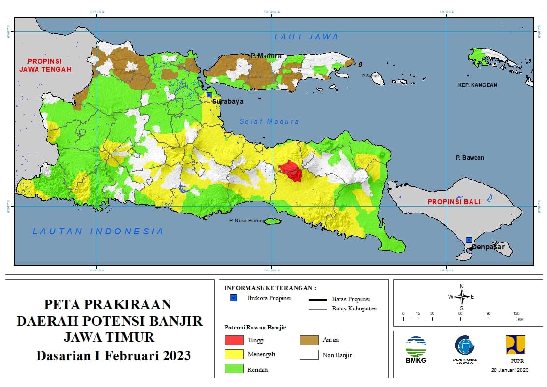 ( Prakiraan - Dasarian ) Daerah Potensi Banjir di Provinsi Jawa Timur untuk Bulan FEBRUARI DASARIAN I Tahun 2023 ( Tanggal 1 - 10 FEBRUARI 2023 ) update 20 Januari 2023