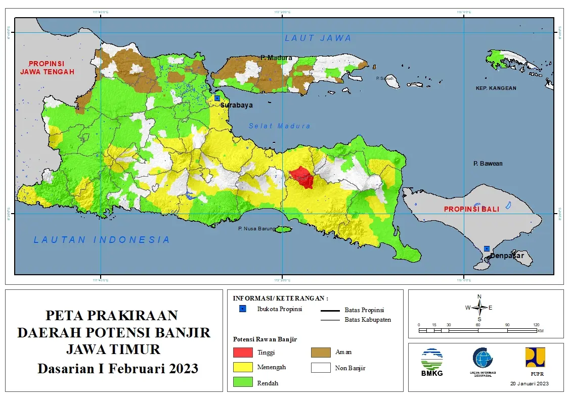 ( Prakiraan - Dasarian ) Daerah Potensi Banjir di Provinsi Jawa Timur untuk Bulan FEBRUARI DASARIAN I Tahun 2023 ( Tanggal 1 - 10 FEBRUARI 2023 ) update 20 Januari 2023