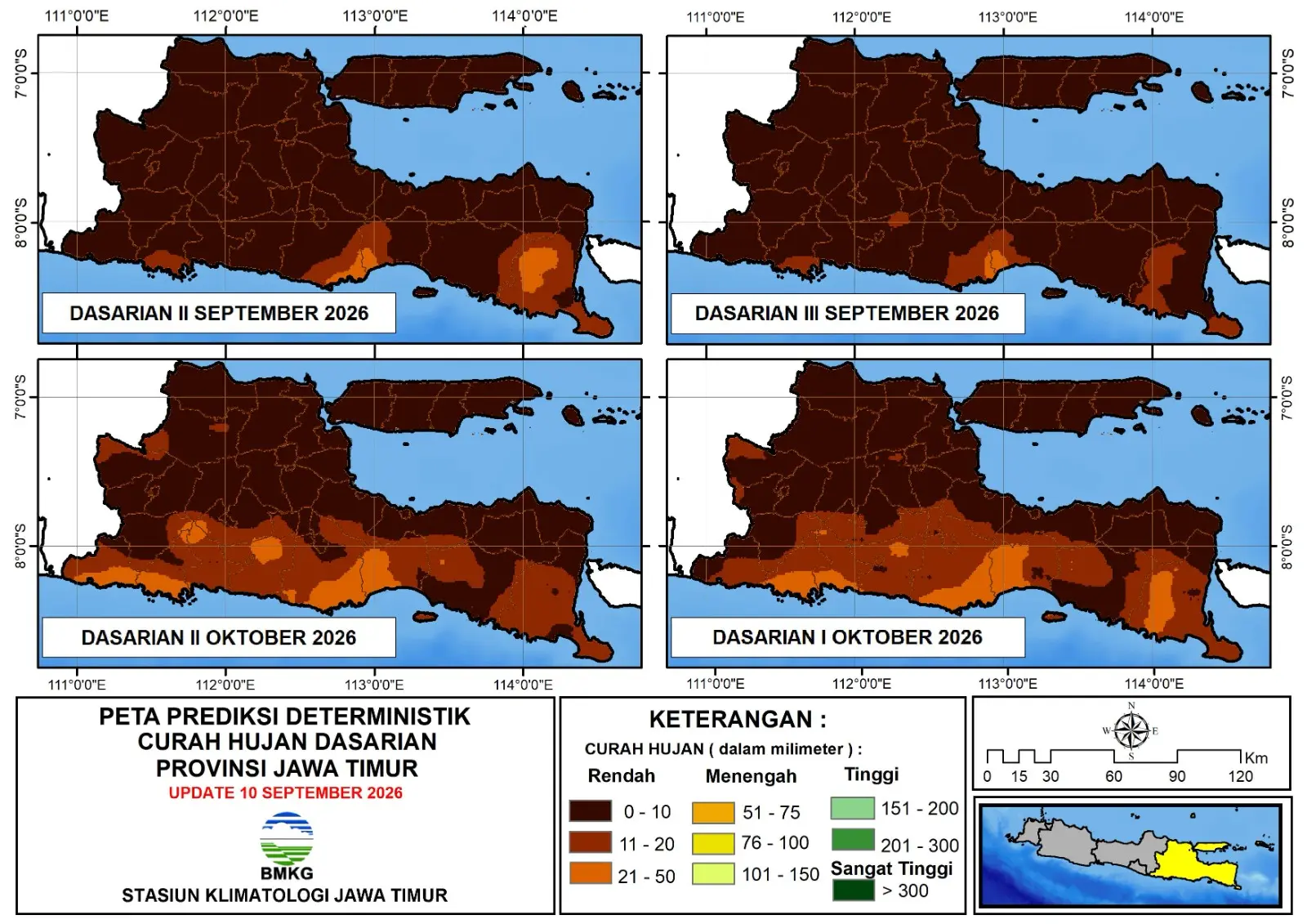 ( Prediksi - Dasarian ) Deterministik Curah Hujan Dasarian II SEPTEMBER - II OKTOBER Tahun 2026 ( Tanggal 11 SEPTEMBER - 20 OKTOBER Tahun 2026 ) di Provinsi Jawa Timur Update 10 September Tahun 2026
