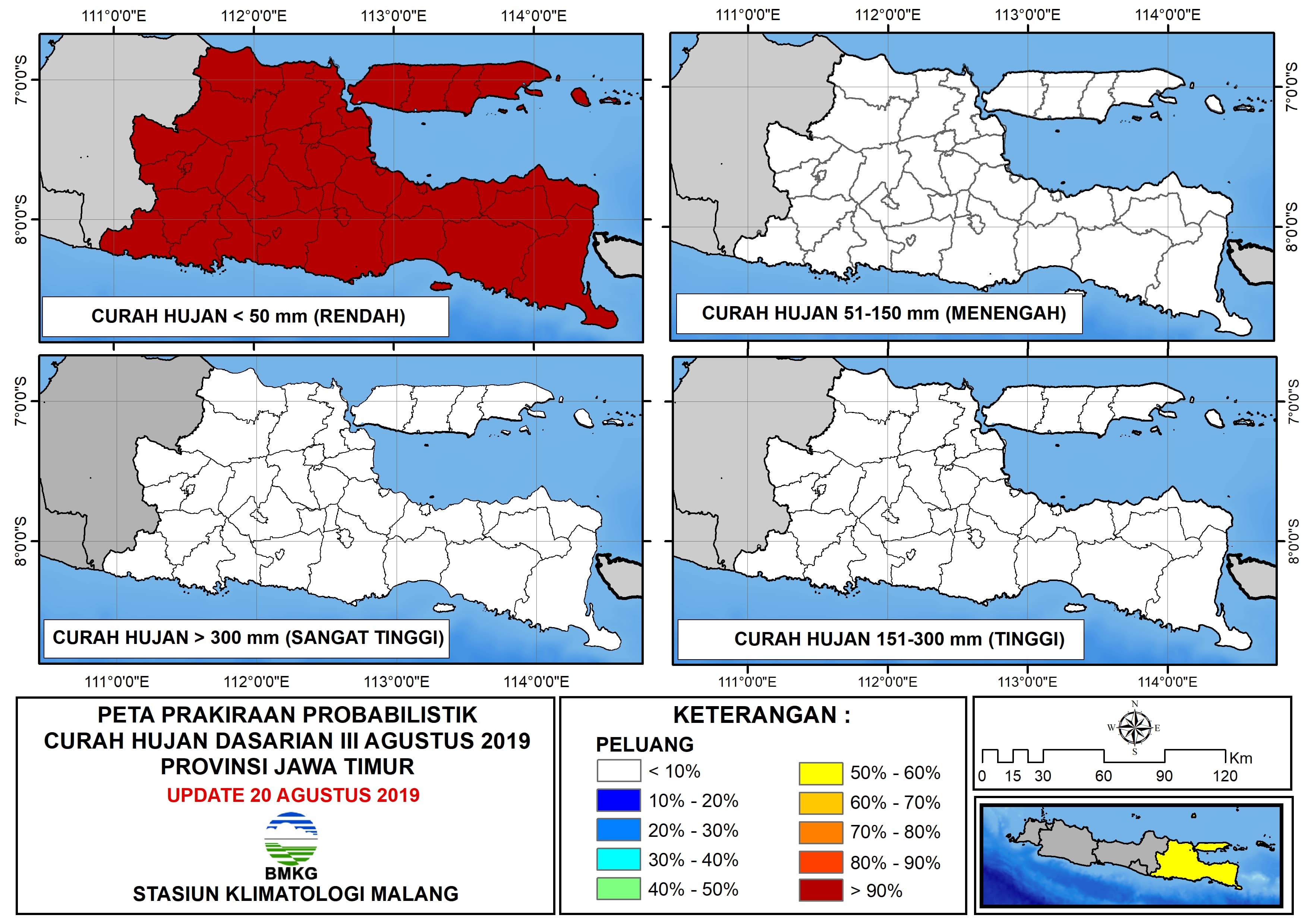 |Prakiraan - Dasarian| Probabilistik Curah Hujan Dasarian III Agustus 2019 Provinsi Jawa Timur Update 20 Agustus 2019
