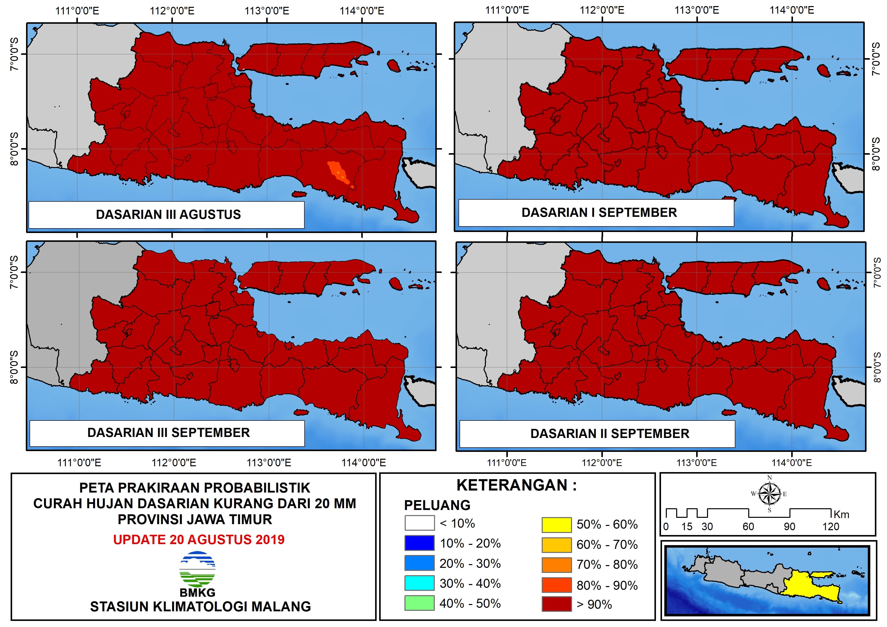 |Prakiraan - Dasarian| Probabilistik Curah Hujan Dasarian III Agustus 2019 Provinsi Jawa Timur Update 20 Agustus 2019