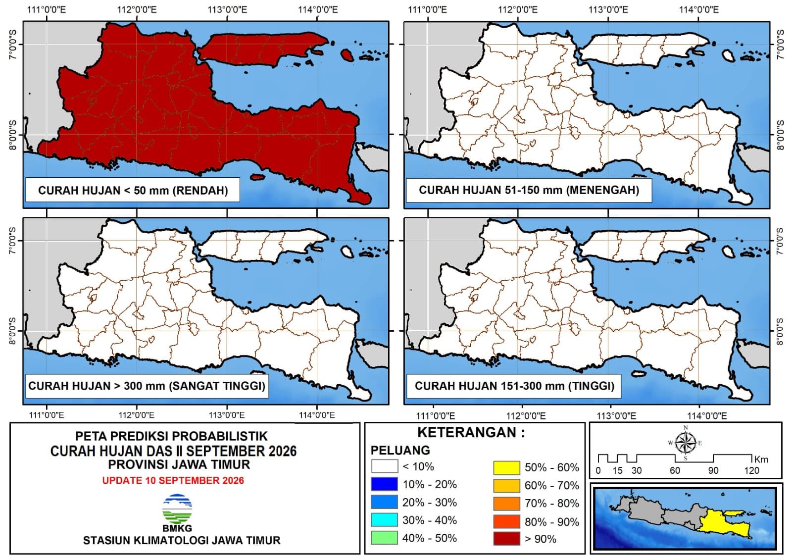 ( Prediksi - Dasarian ) Probabilistik Curah Hujan Dasarian II (  Tanggal 11 - 20 ) SEPTEMBER Tahun 2026 Provinsi Jawa Timur Update 10 September 2026