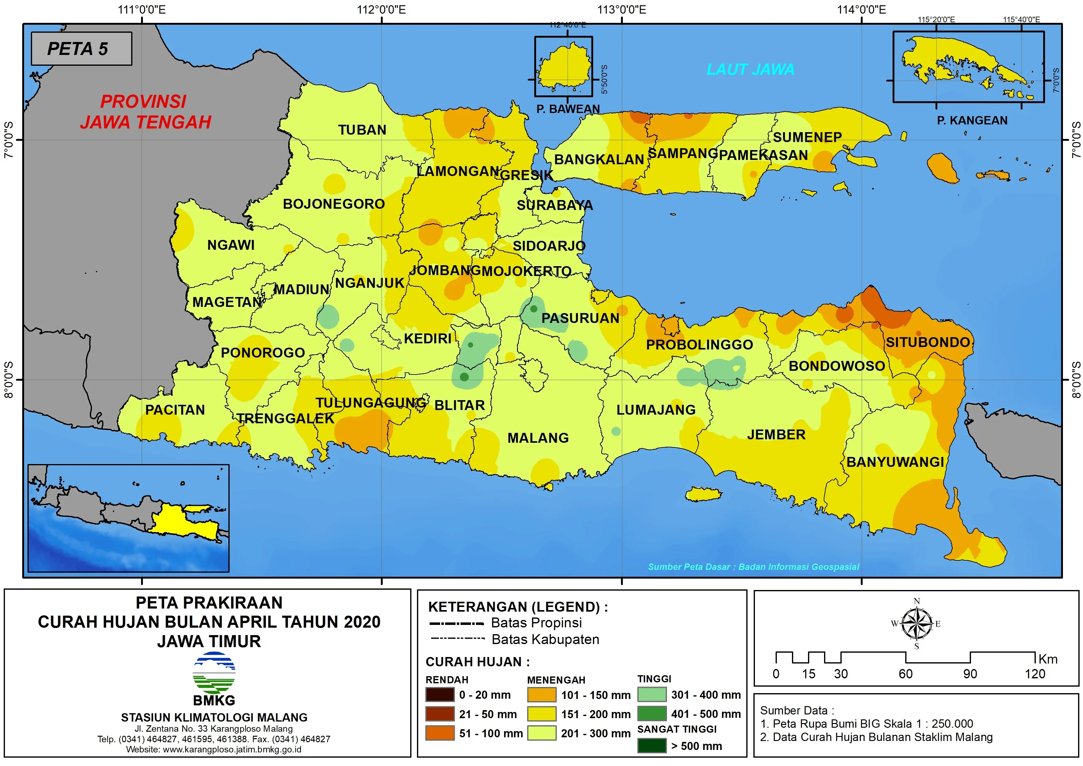 (Prakiraan - Bulanan) Curah Hujan Bulan APRIL Tahun 2020 - Update dari Analisis Bulan Februari 2020 di Provinsi Jawa Timur