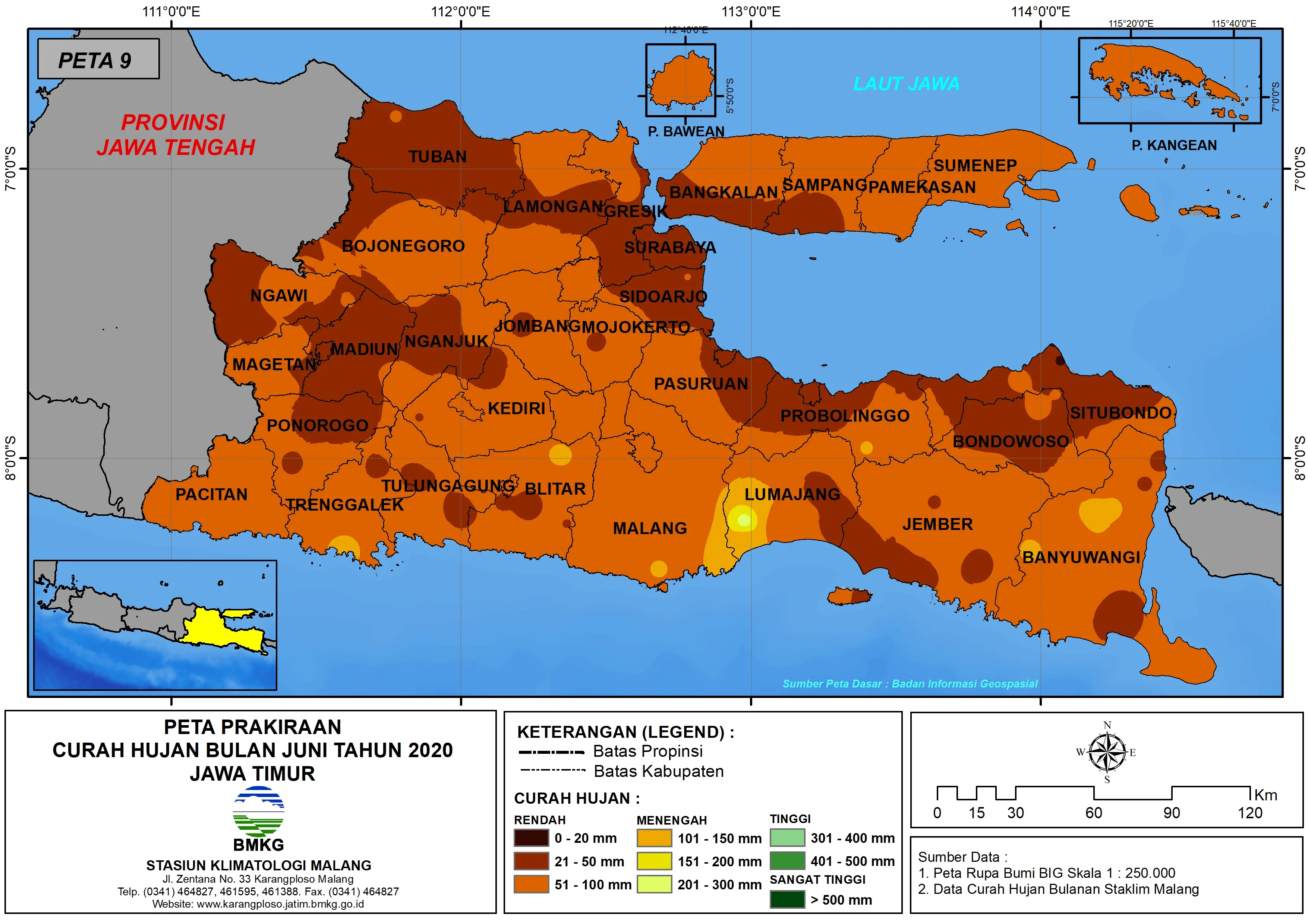 (Prakiraan - Bulanan) Curah Hujan Bulan JUNI Tahun 2020 - Update dari Analisis Bulan Februari 2020 di Provinsi Jawa Timur