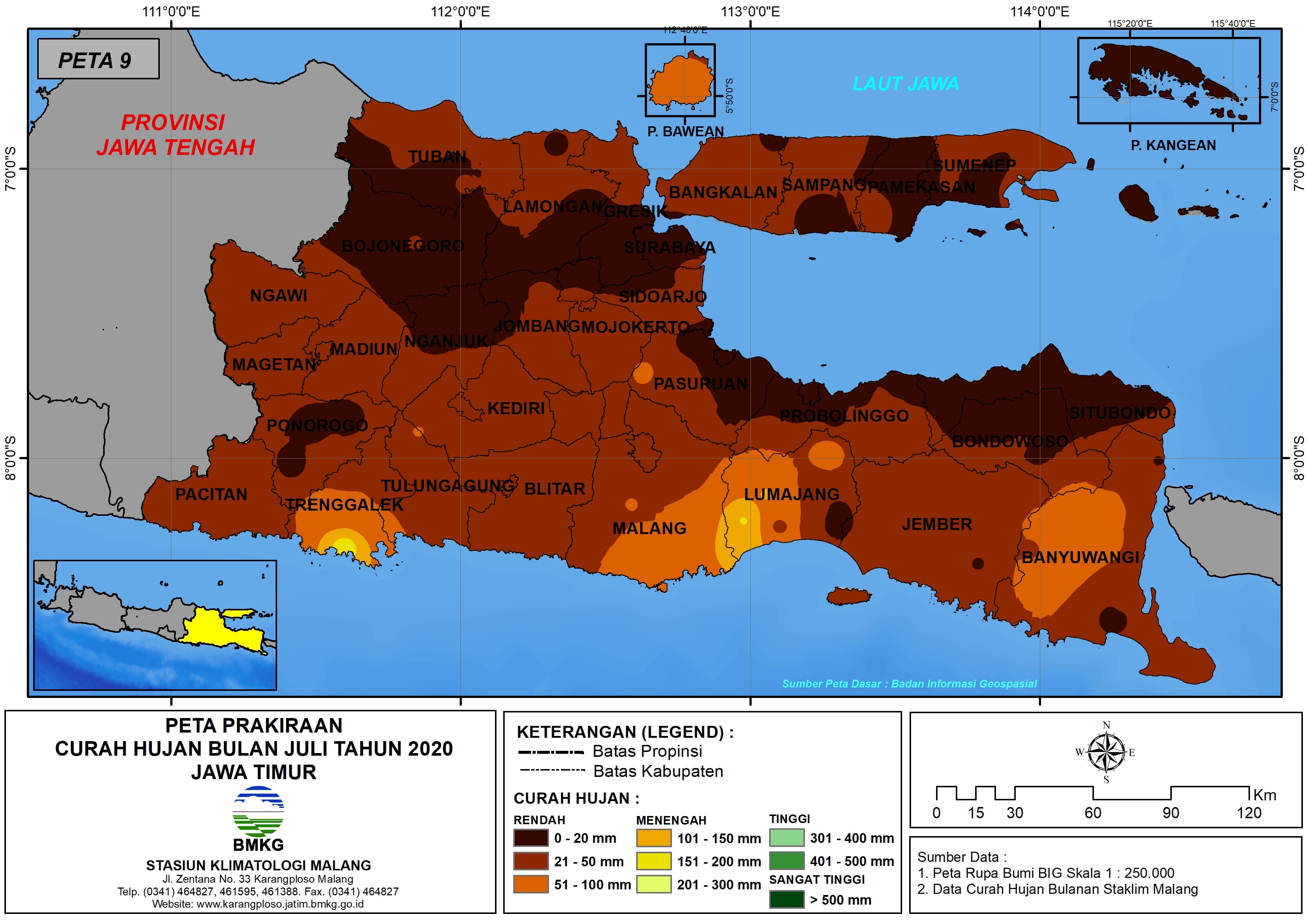 (Prakiraan - Bulanan) Curah Hujan Bulan JULI Tahun 2020 - Update dari Analisis Bulan Maret 2020 di Provinsi Jawa Timur