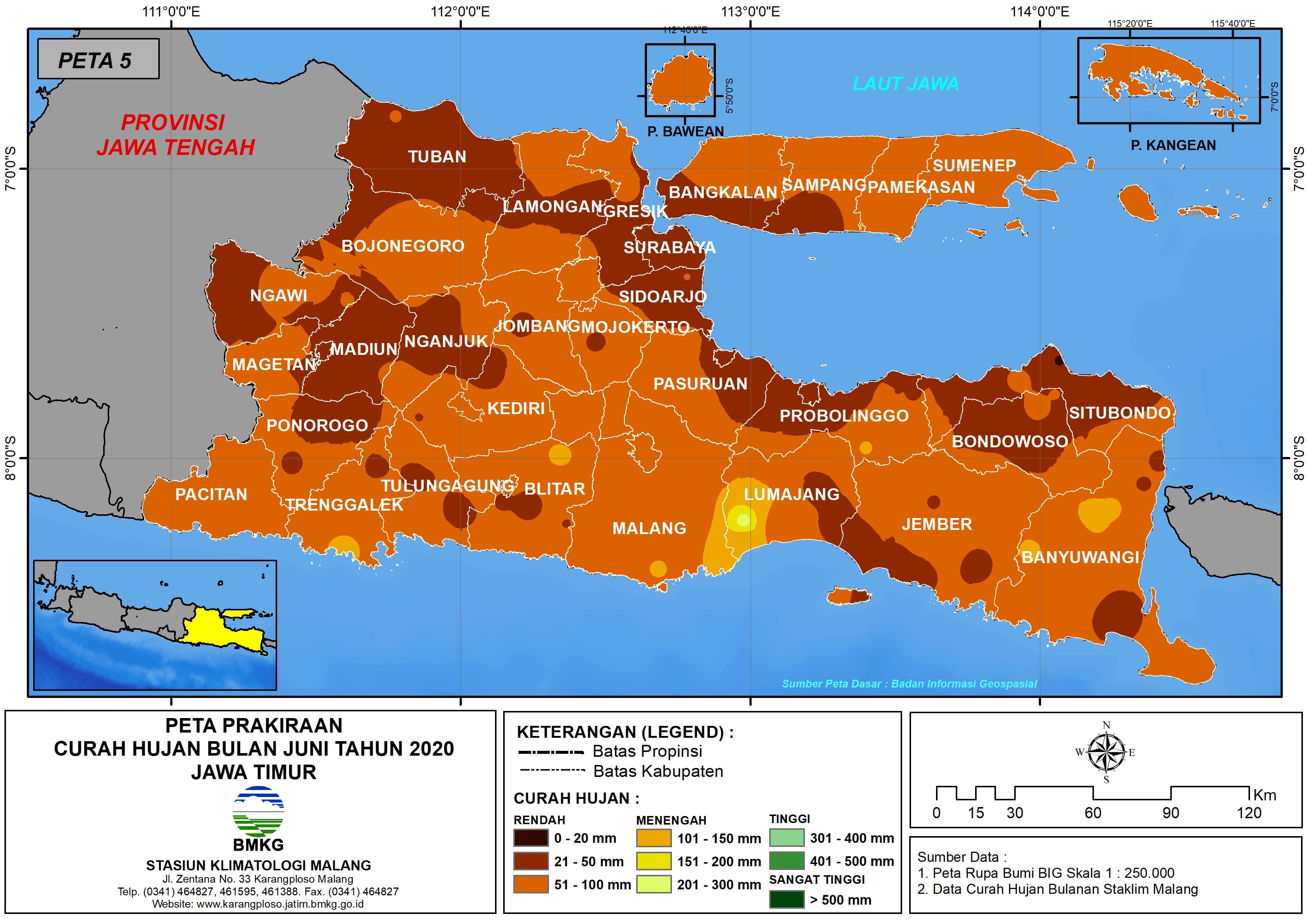 (Prakiraan - Bulanan) Curah Hujan Bulan JUNI Tahun 2020 - Update dari Analisis Bulan April 2020 di Provinsi Jawa Timur