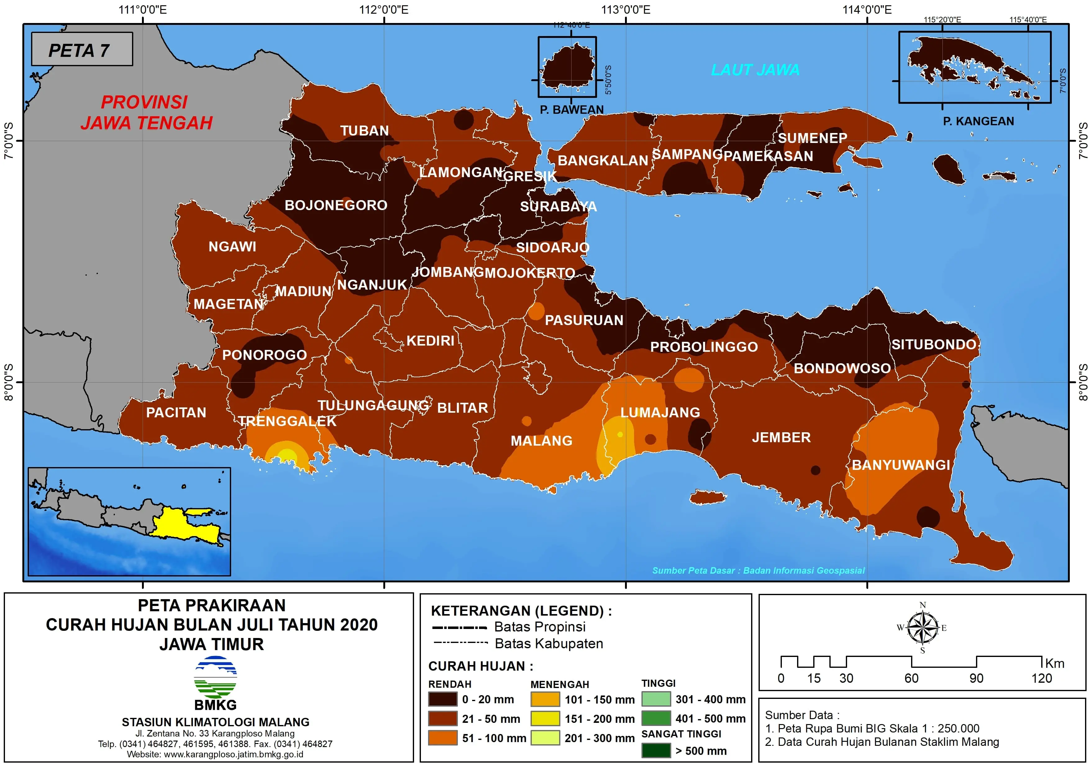 (Prakiraan - Bulanan) Curah Hujan Bulan JULI Tahun 2020 - Update dari Analisis Bulan April 2020 di Provinsi Jawa Timur