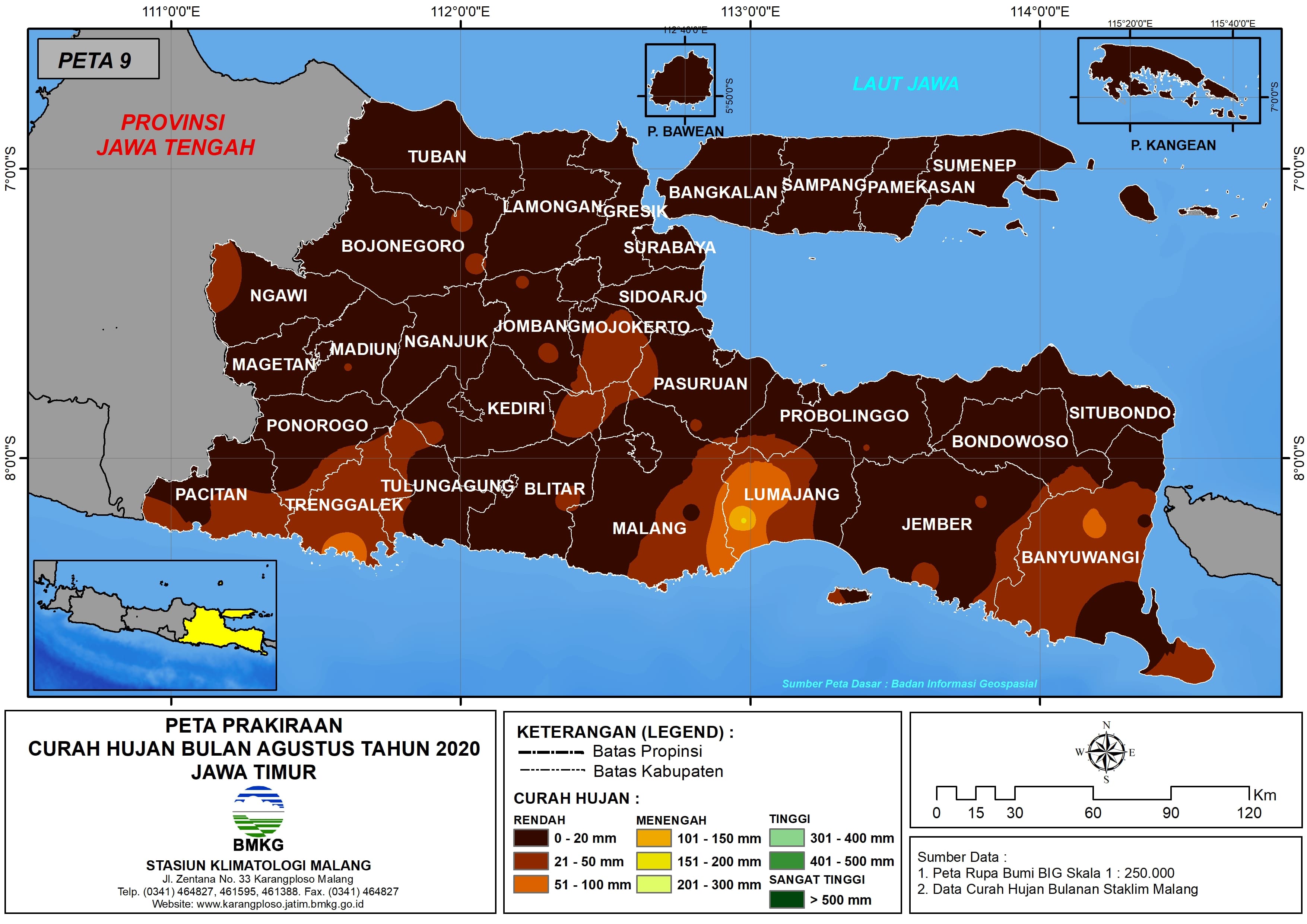(Prakiraan - Bulanan) Curah Hujan Bulan AGUSTUS Tahun 2020 - Update dari Analisis Bulan April 2020 di Provinsi Jawa Timur