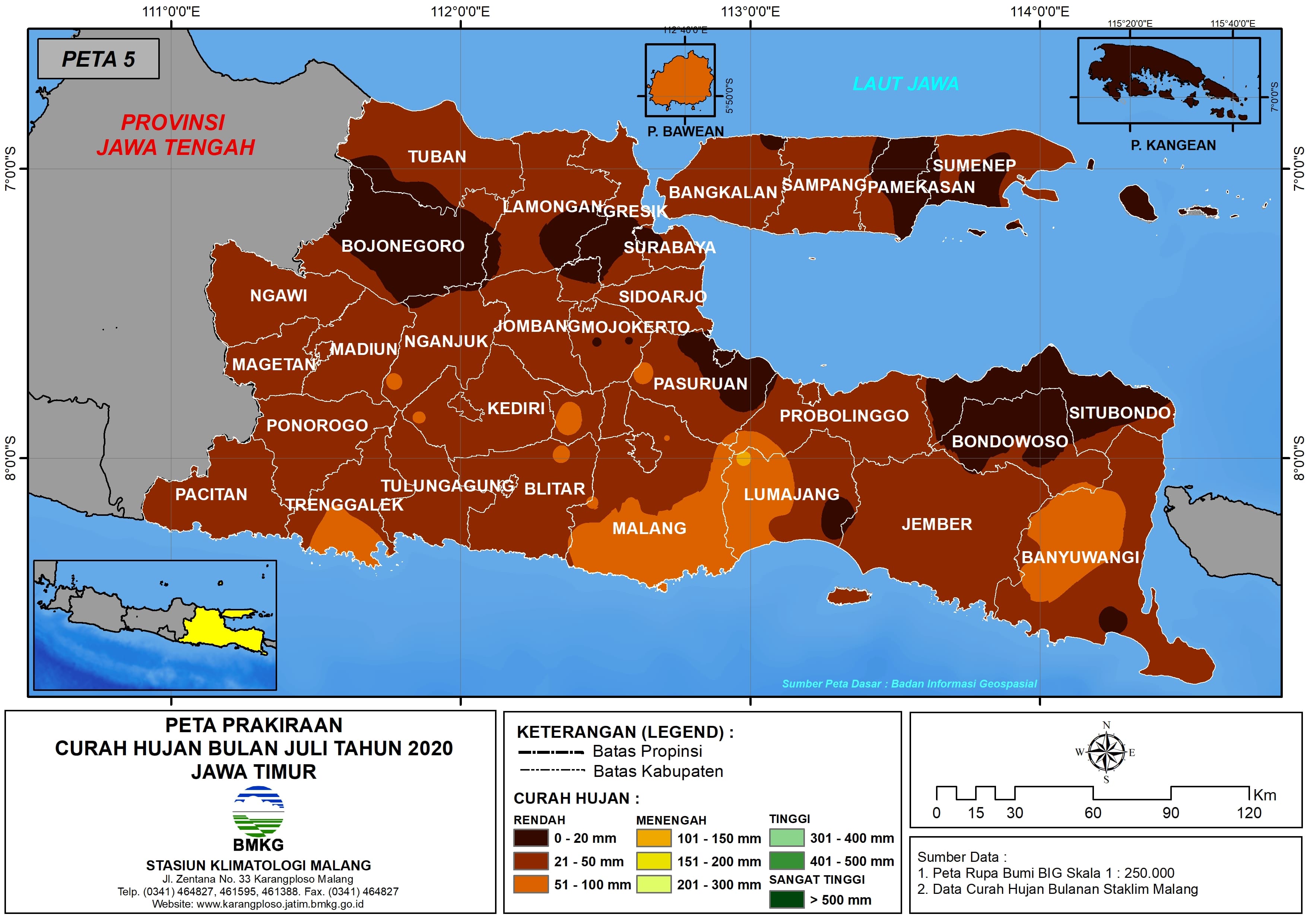 (Prakiraan - Bulanan) Curah Hujan Bulan JULI Tahun 2020 - Update dari Analisis Bulan Mei 2020 di Provinsi Jawa Timur