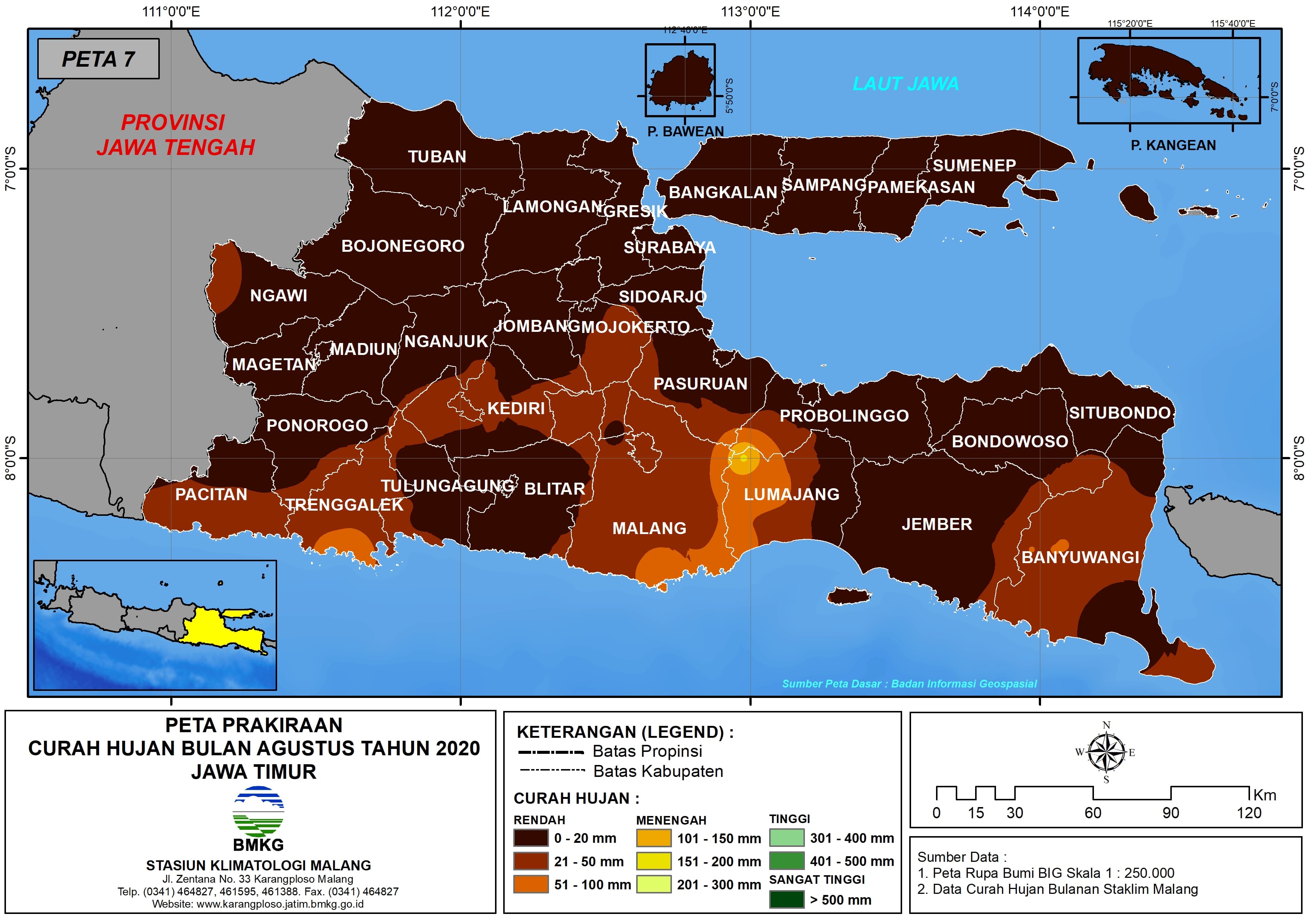 (Prakiraan - Bulanan) Curah Hujan Bulan AGUSTUS Tahun 2020 - Update dari Analisis Bulan Mei 2020 di Provinsi Jawa Timur