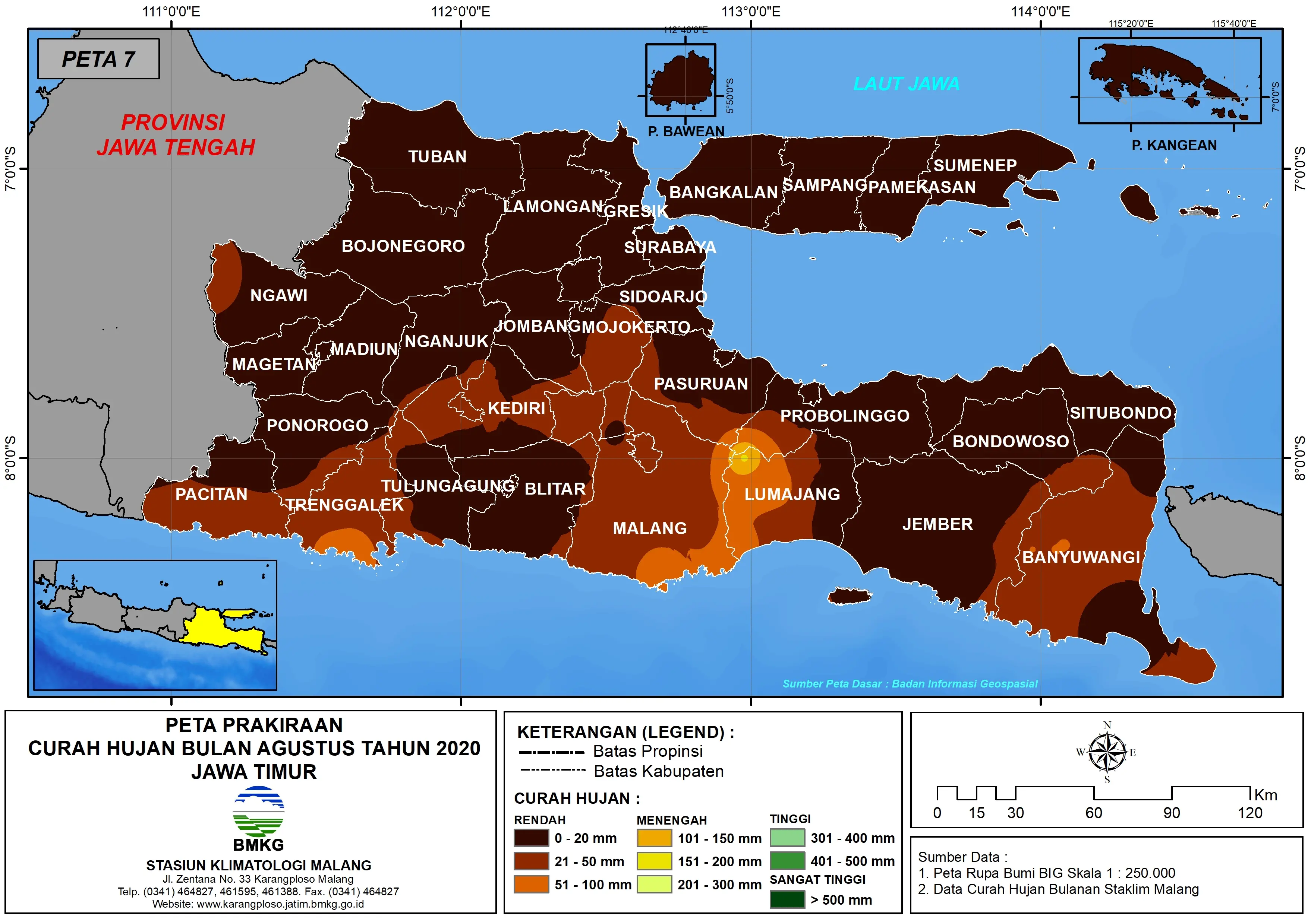 (Prakiraan - Bulanan) Curah Hujan Bulan AGUSTUS Tahun 2020 - Update dari Analisis Bulan Mei 2020 di Provinsi Jawa Timur