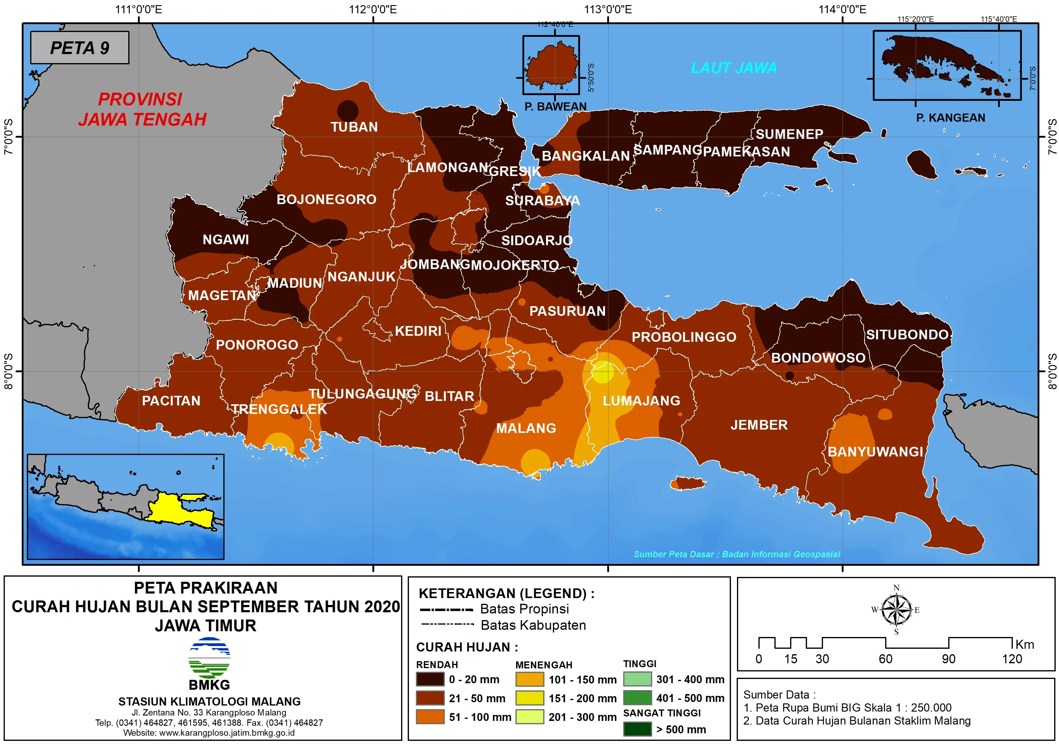 (Prakiraan - Bulanan) Curah Hujan Bulan SEPTEMBER Tahun 2020 - Update dari Analisis Bulan Mei 2020 di Provinsi Jawa Timur