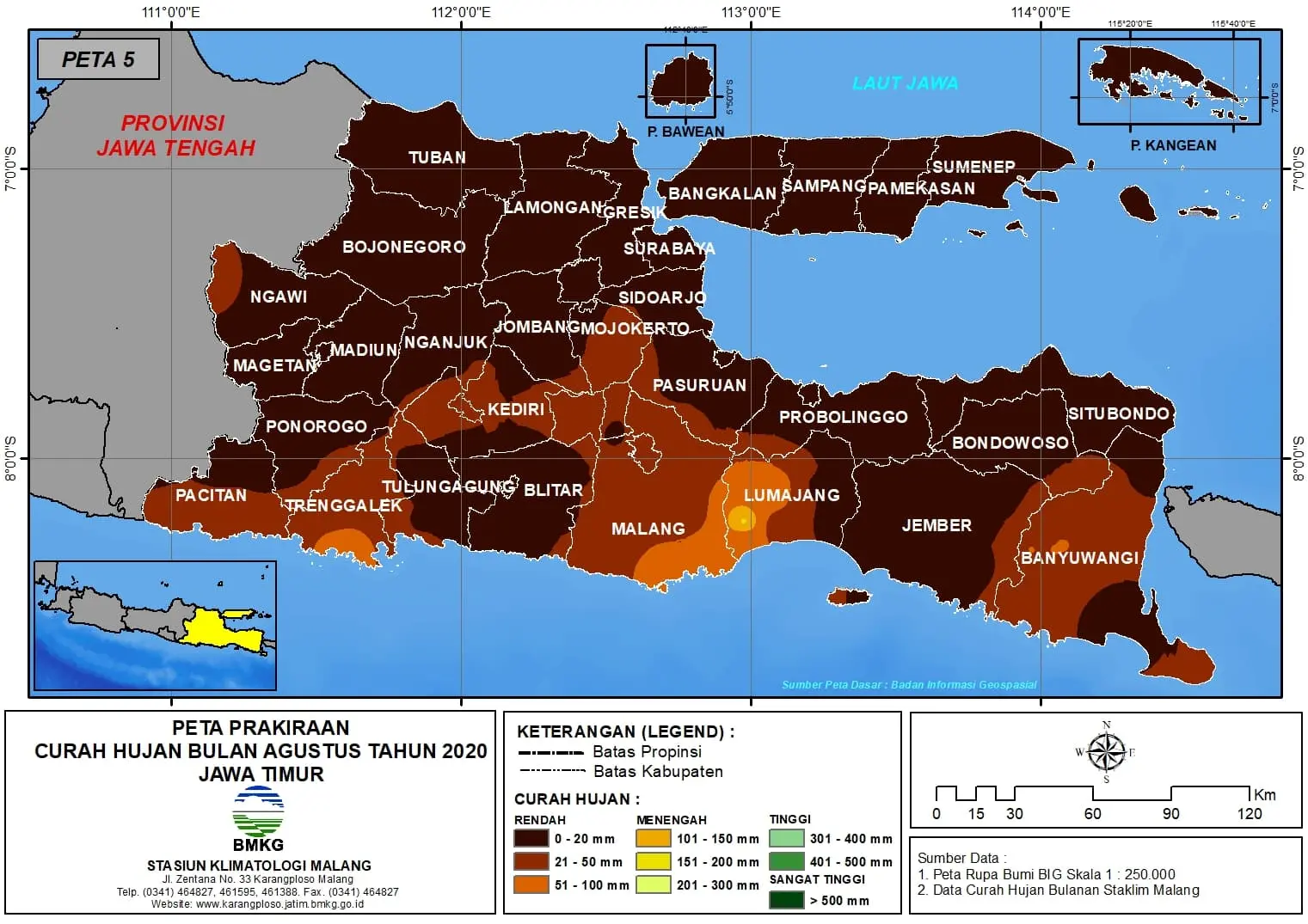 (Prakiraan - Bulanan) Curah Hujan Bulan AGUSTUS Tahun 2020 - Update dari Analisis Bulan Juni 2020 di Provinsi Jawa Timur