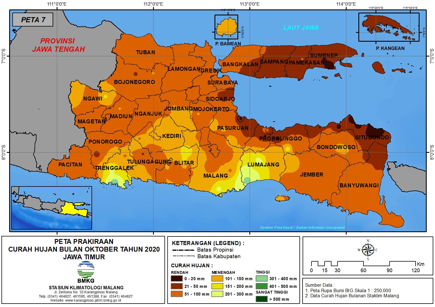 (Prakiraan - Bulanan) Curah Hujan Bulan OKTOBER Tahun 2020 - Update dari Analisis Bulan Juli 2020 di Provinsi Jawa Timur