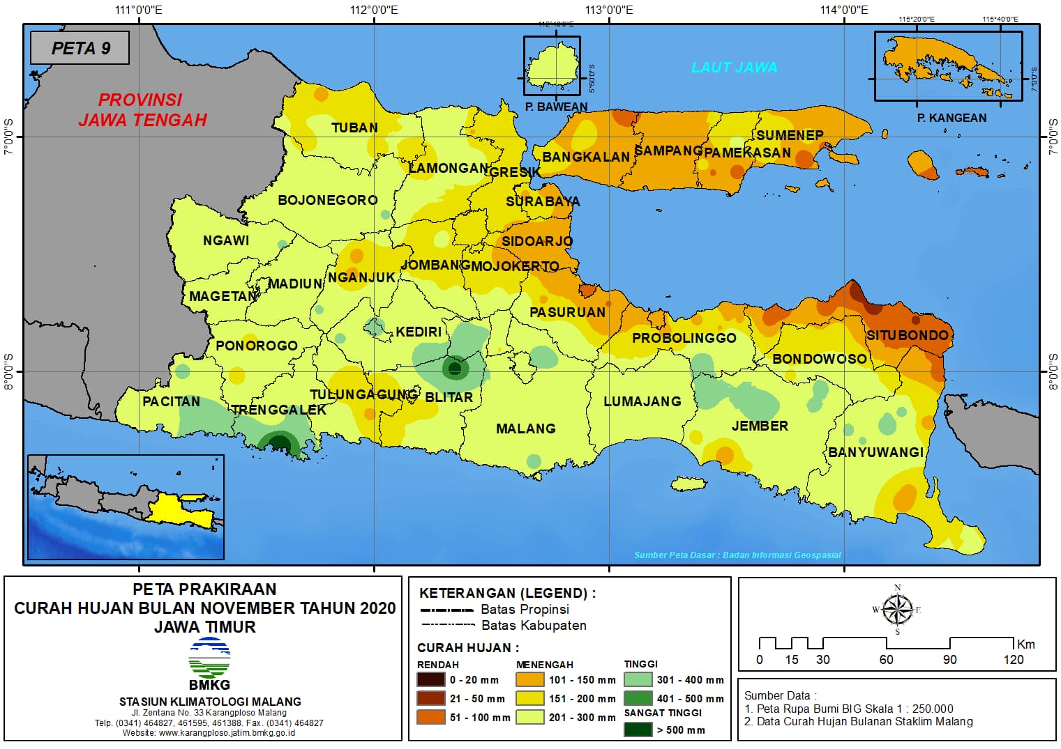 (Prakiraan - Bulanan) Curah Hujan Bulan NOVEMBER Tahun 2020 - Update dari Analisis Bulan Juli 2020 di Provinsi Jawa Timur
