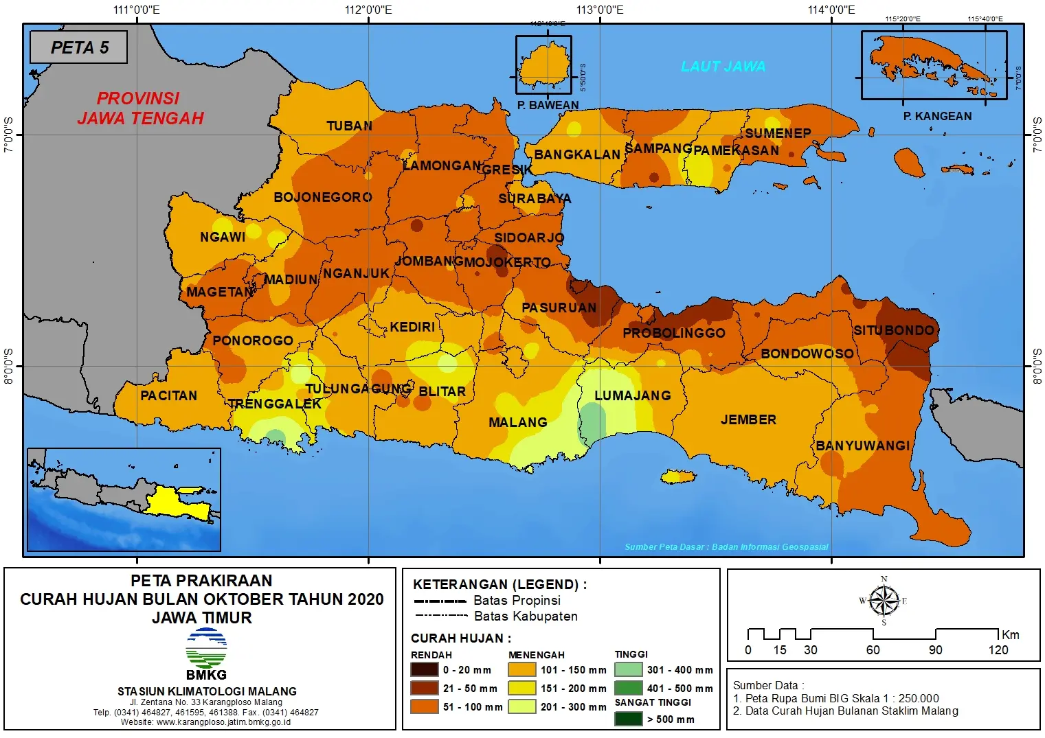 (Prakiraan - Bulanan) Curah Hujan Bulan OKTOBER Tahun 2020 - Update dari Analisis Bulan AGUSTUS 2020 di Provinsi Jawa Timur