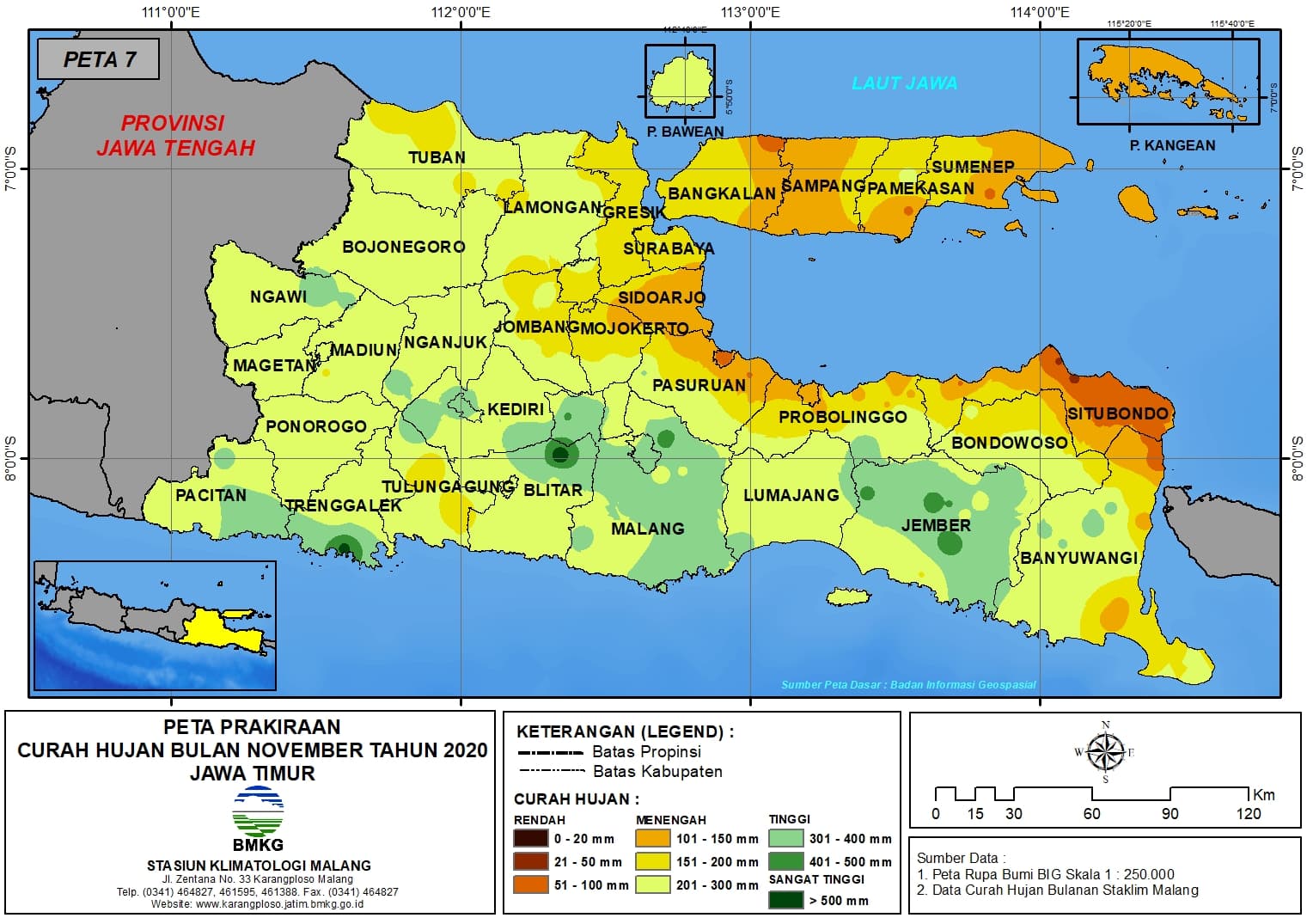 (Prakiraan - Bulanan) Curah Hujan Bulan NOVEMBER Tahun 2020 - Update dari Analisis Bulan AGUSTUS 2020 di Provinsi Jawa Timur