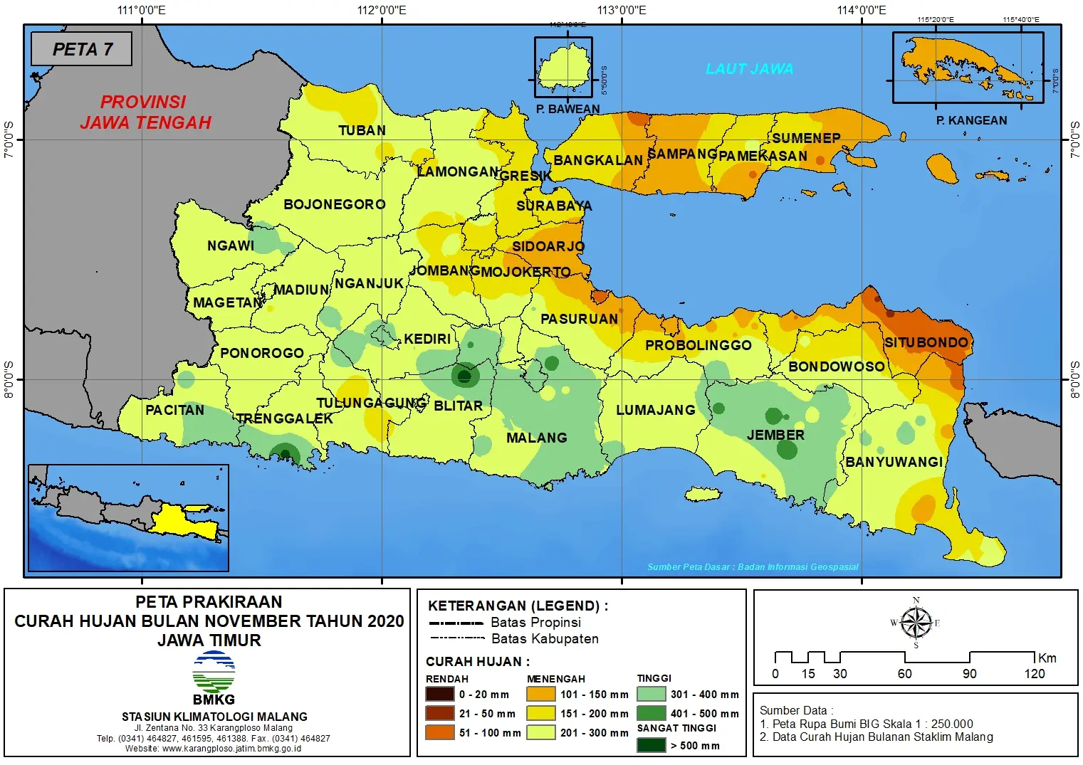 (Prakiraan - Bulanan) Curah Hujan Bulan NOVEMBER Tahun 2020 - Update dari Analisis Bulan AGUSTUS 2020 di Provinsi Jawa Timur