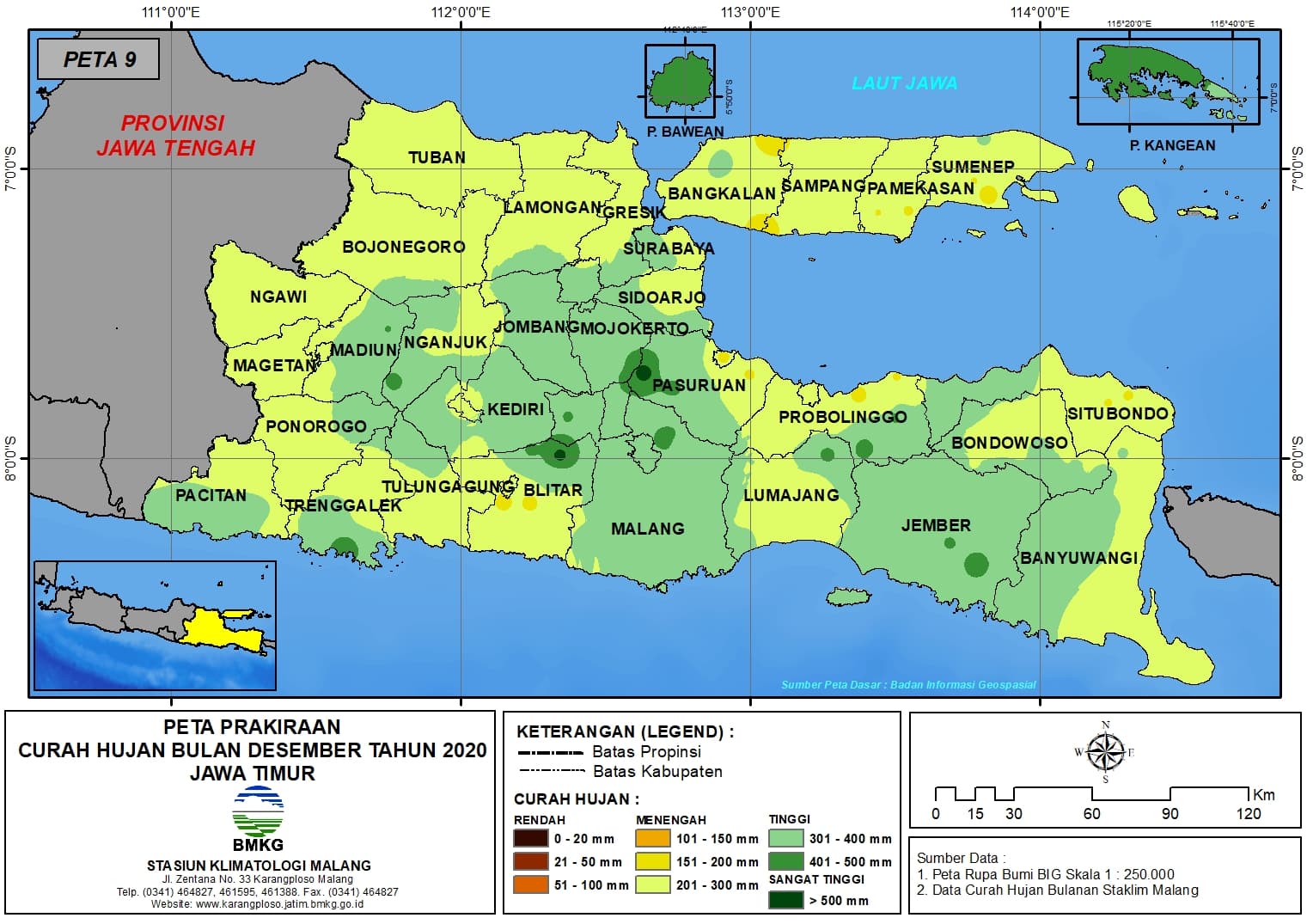 (Prakiraan - Bulanan) Curah Hujan Bulan DESEMBER Tahun 2020 - Update dari Analisis Bulan AGUSTUS 2020 di Provinsi Jawa Timur