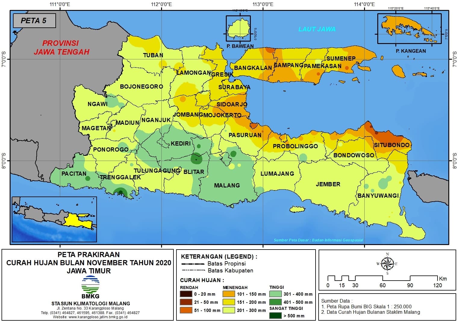 (Prakiraan - Bulanan) Curah Hujan Bulan NOVEMBER Tahun 2020 - Update dari Analisis Bulan September 2020 di Provinsi Jawa Timur