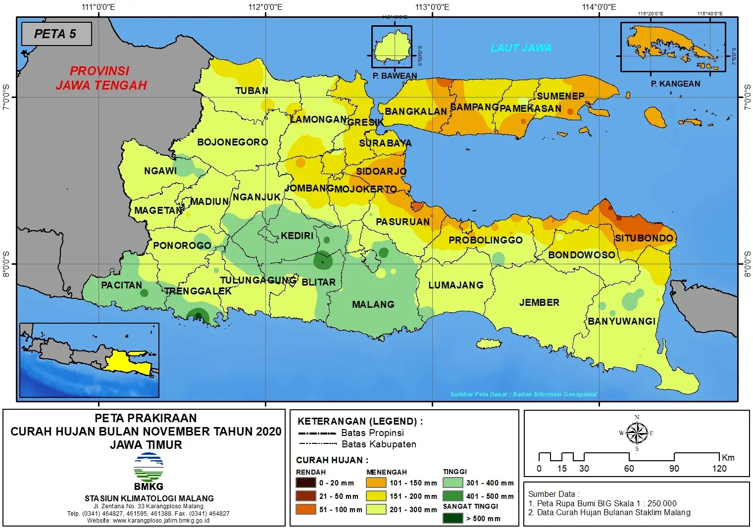 (Prakiraan - Bulanan) Curah Hujan Bulan NOVEMBER Tahun 2020 - Update dari Analisis Bulan September 2020 di Provinsi Jawa Timur