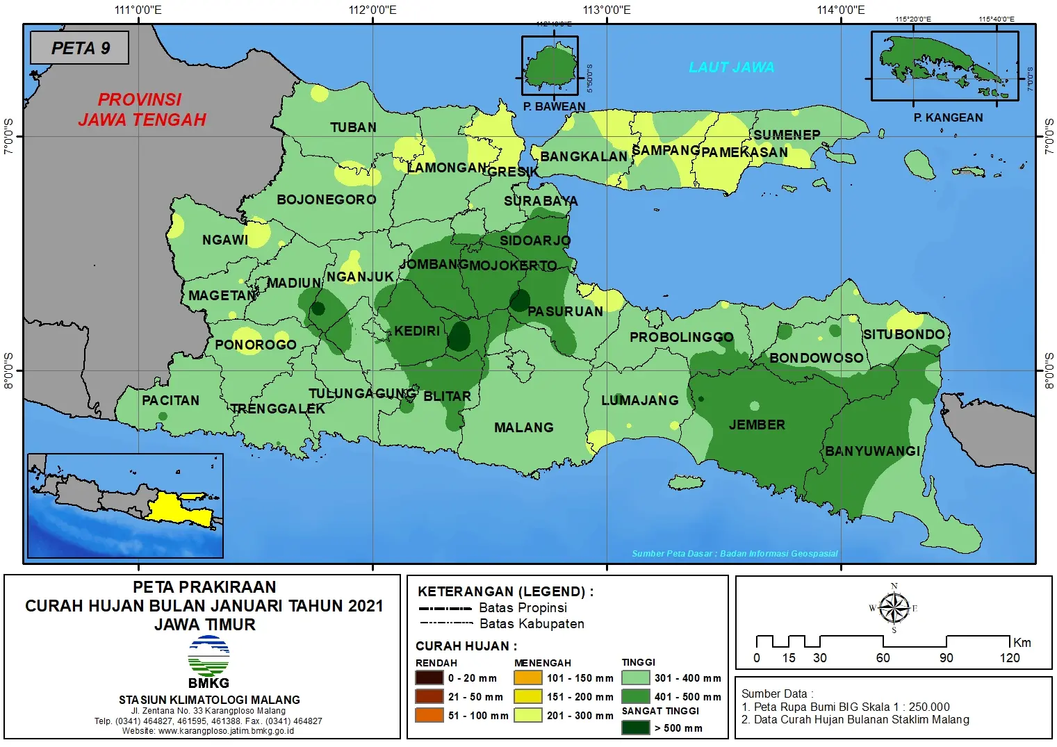 (Prakiraan - Bulanan) Curah Hujan Bulan JANUARI Tahun 2021 - Update dari Analisis Bulan September 2020 di Provinsi Jawa Timur