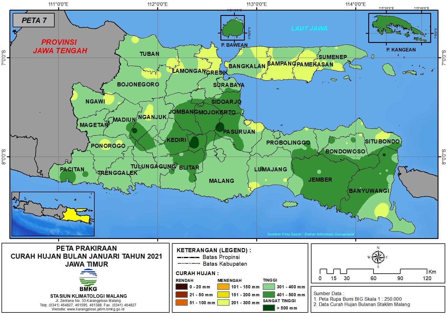 (Prakiraan - Bulanan) Curah Hujan Bulan JANUARI Tahun 2021 - Update dari Analisis Bulan Oktober 2020 di Provinsi Jawa Timur