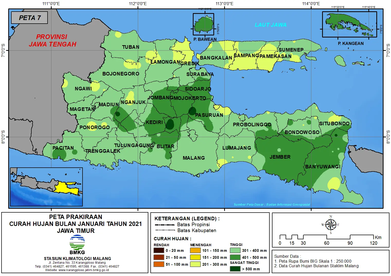 (Prakiraan - Bulanan) Curah Hujan Bulan JANUARI Tahun 2021 - Update dari Analisis Bulan Oktober 2020 di Provinsi Jawa Timur