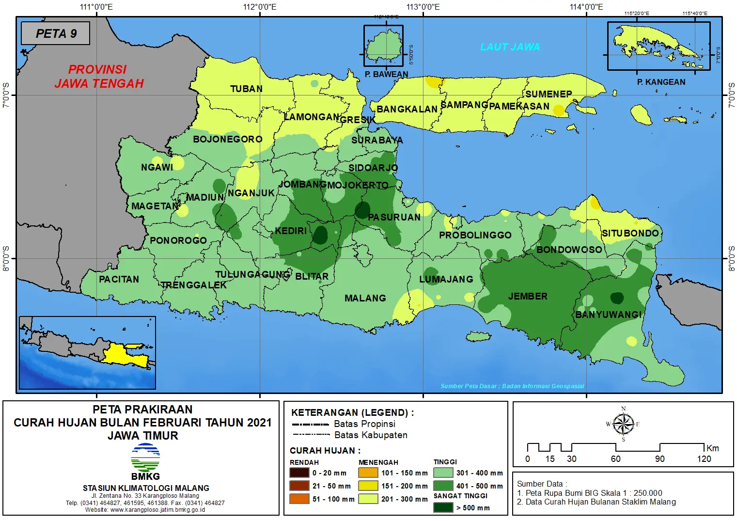 (Prakiraan - Bulanan) Curah Hujan Bulan FEBRUARI Tahun 2021 - Update dari Analisis Bulan Oktober 2020 di Provinsi Jawa Timur