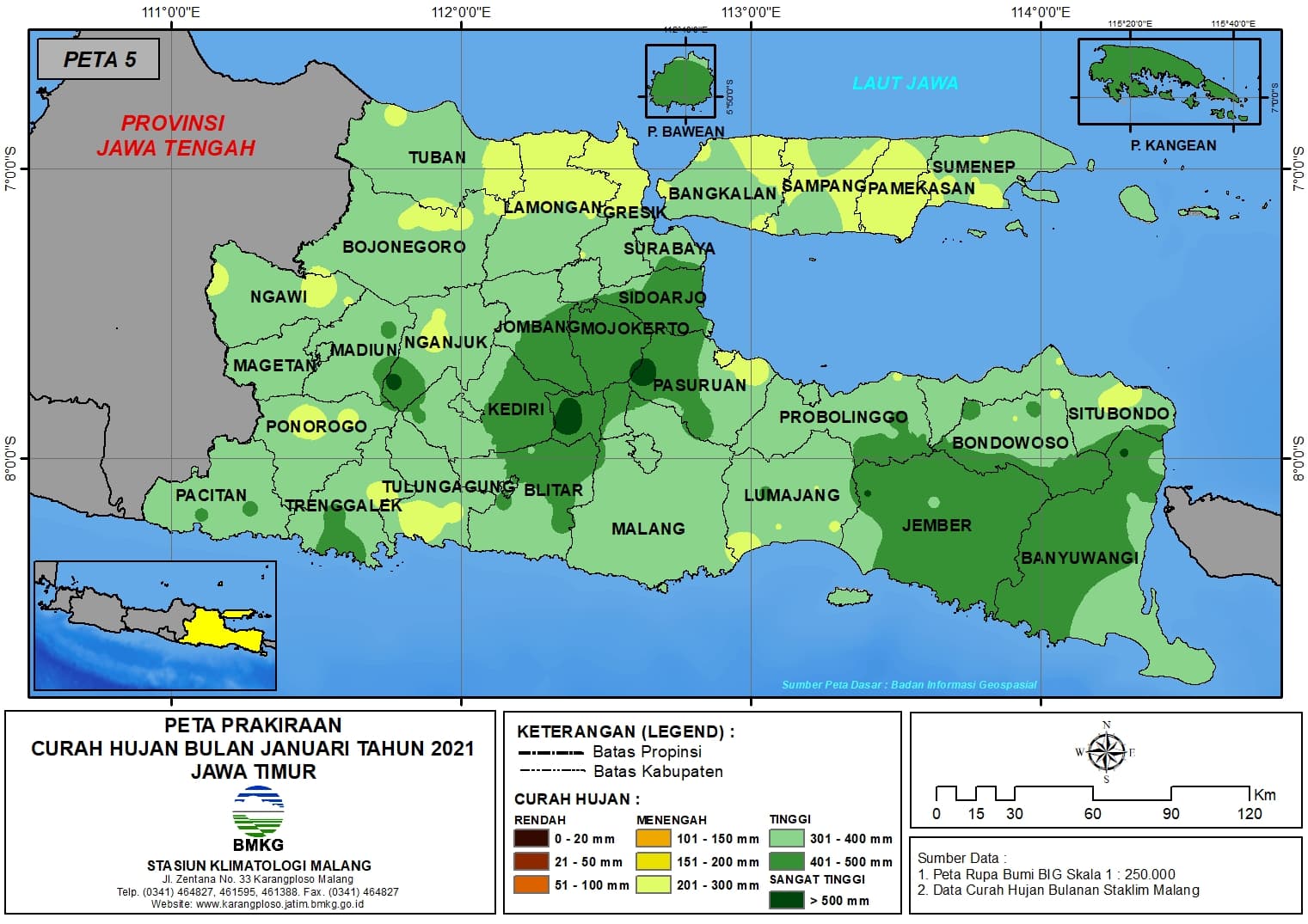(Prakiraan - Bulanan) Curah Hujan Bulan JANUARI Tahun 2021 - Update dari Analisis Bulan November Tahun 2020 di Provinsi Jawa Timur